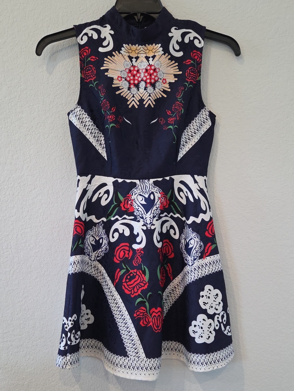 SHEIN Blue Red Roses French Floral Embroidered Sleeveless Mini Dress High Neck